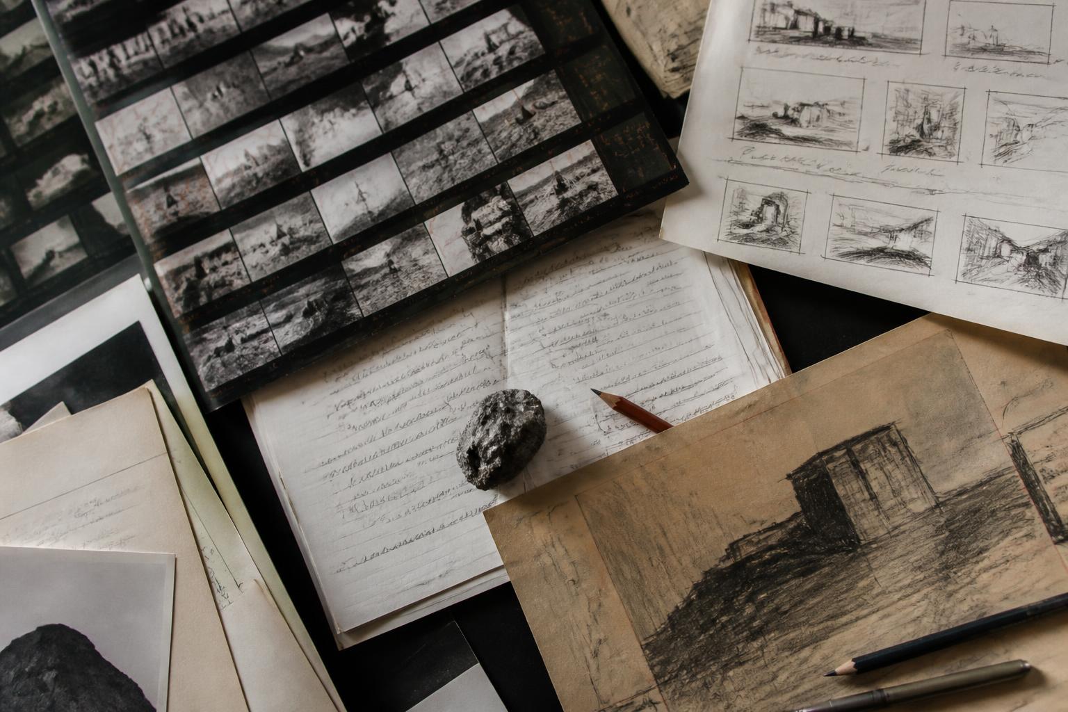 Field notes, contact sheets, and storyboard drawings arranged on a work table